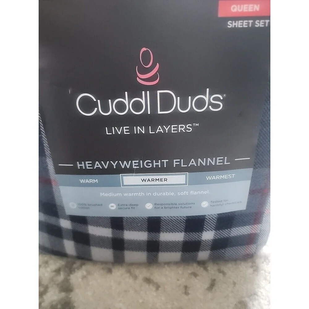 Cuddl Duds Queen Heavyweight Flannel Sheet Set Blue Plaid Soft Brushed Cotton